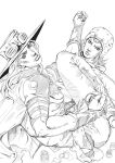  2boys absurdres araki_hirohiko_(style) ball cape closed_mouth cowboy cowboy_hat cowboy_western frown grandguerrilla greyscale gyro_zeppeli hat highres holding holding_ball horseshoe_ornament johnny_joestar jojo_no_kimyou_na_bouken long_hair looking_at_viewer male_focus monochrome multiple_boys official_style shirt simple_background steel_ball_run white_background wristband 