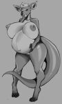 anthro big_breasts big_tail breasts clothing eyelashes female genitals greyscale hand_on_face hat headgear headwear hi_res holding_belly kangaroo macropod mammal marsupial monochrome mostly_nude nurse_clothing nurse_hat nurse_headwear pregnant pregnant_female pussy solo tail thick_thighs wispsings