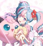  1girl artist_name bag blue_eyes blue_hair blush bull_sprite_(pokemon) cardigan choker clefairy_sprite_(pokemon) colored_eyelashes curly_hair fairy_miku_(project_voltage) fingernails flower fossil_sprite_(pokemon) hair_flower hair_ornament hatsune_miku heart heart_choker i_setastar jigglypuff long_hair long_sleeves looking_at_viewer multicolored_eyes multicolored_hair nail_polish open_mouth pillow pink_cardigan pink_choker pink_eyes pink_hair pokemon pokemon_(creature) project_voltage red_flower red_nails scrunchie shoulder_bag smile streaked_hair twintails two-tone_eyes two-tone_hair v vocaloid white_background white_bag wrist_scrunchie yellow_flower yellow_scrunchie 