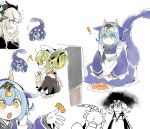  ! 3_ma_me 4girls ? angry apron blue_eyes chamber_dragonmaid chocolate_chip_cookie cookie dragon_girl dragon_horns dragon_tail duel_monster eastern_dragon_horns food frilled_apron frills fruit green_eyes green_hair hair_between_eyes highres holding holding_food horns house_dragonmaid laundry_dragonmaid long_sleeves maid maid_apron maid_headdress mandarin_orange mixed_maids multiple_girls open_mouth parlor_dragonmaid plate puffy_short_sleeves puffy_sleeves short_hair short_sleeves short_twintails simple_background sitting sweatdrop tail television twintails wa_maid watching_television white_apron white_background white_hair yellow_eyes yu-gi-oh! 