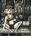  1girl absurdres alcohol ammunition_pouch azumanga_daioh beer blonde_hair blue_bow blue_dress blush body_armor bottle bow breasts brown_eyes bulletproof_vest character_doll cigarette cirno computer cross crossed_legs dancing dress ear_piercing fumo_(doll) green_tank_top gun hair_bow hat highres holding holding_bottle holding_cigarette indoors jacket jewelry kasuga_ayumu ks-23 laptop liskim looking_at_viewer magazine_(weapon) marichka mattress mazepynka military military_combat_uniform military_operator military_uniform necklace original piercing pinafore_dress pouch pump_action russo-ukrainian_war sharp_teeth short_hair shotgun sitting sleeveless sleeveless_dress smile smoking socks solo spread_legs tactical_clothes tank_top tattoo teeth tryzub ukraine ukrainian_flag weapon white_socks 