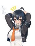  black_hair black_sailor_collar gloves highres holding holding_own_hair kantai_collection klashikari long_hair mouth_hold neckerchief orange_neckerchief ponytail red_eyes ribbon ribbon_in_mouth sailor_collar school_uniform scrunchie sidelocks tying_hair very_long_hair white_gloves yahagi_(kancolle) yahagi_kai_ni_(kancolle) 
