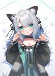  1girl :o absurdres ahoge animal_ear_fluff animal_ears aqua_eyes arknights bangs bare_shoulders black_jacket black_ribbon blush breasts cat_ears cat_girl cat_tail cleavage collar collarbone commentary daifukumochi_(akaaokiiwo) eyebrows_visible_through_hair hair_ribbon hands_up head_tilt highres infection_monitor_(arknights) jacket long_sleeves looking_at_viewer mint_(arknights) off_shoulder open_clothes open_jacket open_mouth paw_pose paw_print paw_print_background ribbon silver_hair small_breasts solo tail upper_body white_background 