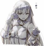  1girl aoba_(smartbeat) breasts capelet center_opening cleavage fate/grand_order fate_(series) gauntlets greyscale hair_ribbon highres large_breasts long_hair martha_(fate) monochrome open_mouth ribbon solo 