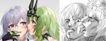  2girls :p black_gloves blue_eyes blush bronya_zaychik bronya_zaychik_(herrscher_of_reason) bronya_zaychik_(yamabuki_armor) commentary_request curly_hair facing_viewer finger_in_another&#039;s_mouth from_side ginklaga gloves green_eyes green_hair grey_eyes hair_between_eyes headpiece highres honkai_(series) honkai_impact_3rd jojo_no_kimyou_na_bouken licking licking_another&#039;s_cheek licking_another&#039;s_face long_hair looking_at_another meme mobius_(honkai_impact) multiple_girls open_mouth parody silver_hair smile taste_of_a_liar_(meme) tongue tongue_out upper_body very_long_hair yuri 