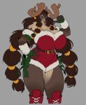 2024 anthro antlers biped boosterpang braided_hair christmas christmas_clothing christmas_topwear cinnamon_(themostsuave) clothed clothing deer female fingerless_gloves gloves hair handwear holidays horn long_hair looking_at_viewer mammal muscular muscular_anthro muscular_female new_world_deer open_mouth reindeer simple_background solo suit topwear