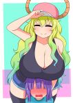  1boy 1girl absurdres adjusting_clothes adjusting_headwear black_legwear blonde_hair breast_rest breasts breasts_on_head closed_eyes dragon_horns embarrassed eyebrows eyebrows_visible_through_hair green_hair hat highres horns horns_through_headwear huge_breasts kobayashi-san_chi_no_maidragon lucoa_(maidragon) magatsuchi_shouta nervous no_eyes open_mouth purple_hair shiny shiny_skin short_hair smile the_only_shoe thighhighs thighs 