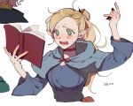 1girl blonde_hair blue_capelet blush book capelet choker dungeon_meshi elf green_eyes hand_up holding holding_book long_hair long_sleeves marcille open_book open_mouth pointy_ears ponytail red_choker solo wide-eyed yp_(pypy_5_) 