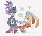  2girls ? ?? absurdres animal_ears armor blaze_the_cat brown_eyes cat_ears cat_girl cat_tail cheese_(sonic) cream_the_rabbit dress eyelashes furry furry_female high_heels highres looking_at_another looking_back multiple_girls percival_(sonic) pulling pulling_tail purple_fur rabbit_ears rabbit_girl sonic_(series) sonic_and_the_black_knight spoken_question_mark tail unneul yellow_eyes 