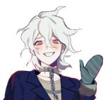  1boy ahoge bangs black_jacket blush chain collar commentary_request danganronpa_(series) danganronpa_another_episode:_ultra_despair_girls gloves grey_hair grin hand_up jacket komaeda_nagito korean_commentary long_sleeves looking_at_viewer male_focus medium_hair messy_hair metal_collar official_alternate_costume red_eyes shirt simple_background sketch smile solo striped striped_shirt upper_body white_background yp_(pypy_5_) 