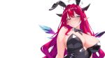  1girl alternate_costume arms_behind_back ass_visible_through_thighs bare_shoulders black_bow black_bowtie black_leotard blue_eyes bow bowtie breasts cleavage covered_groin covered_navel crystal_wings detached_sleeves detached_wings double-parted_bangs hair_ornament halo heterochromia highleg highleg_leotard highres hololive hololive_english horns irys_(hololive) large_breasts leotard light_blush lips long_hair looking_at_viewer mixed-language_commentary pantyhose playboy_bunny pointy_ears rabbit_hair_ornament red_eyes red_hair rijeka1918 simple_background smile solo star_halo strapless strapless_leotard thick_thighs thighs upper_body virtual_youtuber white_background wings 