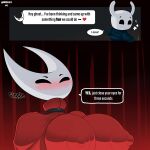 2023 2_horns 2_panel_comic absurd_res ambiguous_gender areola_outline arthropod big_breasts biped black_eyes blush breasts clothing comic dialogue duo ellipsis english_text eyebrows female half_sister_(lore) heart_symbol hi_res hollow_knight horn hornet_(hollow_knight) looking_back mitiz-art nipple_outline question_mark red_clothing red_heart sibling_(lore) sister_(lore) sound_effects talking_to_another team_cherry text text_box the_knight_(hollow_knight) vessel_(species) white_text