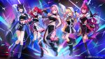  5girls :d ;d ahoge arm_up asymmetrical_horns belt black_boots black_choker black_gloves black_hair black_leg_warmers black_shirt black_shoes black_shorts black_skirt black_wings blonde_hair blue_hair blunt_bangs boots braid character_name choker colored_inner_hair colored_skin commentary_request crossed_bangs crystal_wings diamond-shaped_pupils diamond_(shape) double-parted_bangs double_bun elbow_gloves english_commentary feathered_wings fingerless_gloves flower fold-over_skirt full_body gloves gradient_hair green_eyes grey_hair grey_skin grin hair_between_eyes hair_bun half-skirt halo headset heterochromia highres hip_vent hololive hololive_english hololive_indonesia hood hood_up hooded_jacket horn_flower horns irys_(hololive) jacket kureiji_ollie leg_warmers long_hair long_sleeves looking_at_viewer low-tied_long_hair low_wings mismatched_pupils momosuzu_nene mori_calliope multicolored_hair multiple_girls nerissa_ravencroft official_alternate_costume official_art one_eye_closed outside_border outstretched_arms patchwork_skin pencil_skirt pink_eyes pink_hair pisuke_wan pleated_skirt pointy_ears purple_eyes purple_hair purple_skin red_eyes red_hair shirt shoes shorts side_up_bun sidelocks skirt sleeveless sleeveless_shirt smile star_halo stitched_face stitched_leg stitched_torso stitches streaked_hair swept_bangs swimsuit symbol-shaped_pupils thigh_strap three-quarter_sleeves twin_braids two_side_up uneven_horns very_long_hair virtual_youtuber white_background white_belt white_jacket wings x-shaped_pupils yellow_eyes zombie 