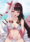  1girl :d absurdres ahoge bare_shoulders bikini black_bow black_hair blurry blurry_background blush bow breasts bunny_hair_ornament cleavage collarbone commentary_request day depth_of_field frilled_bikini frills hair_bow hair_ornament hair_ribbon hairband highres jacket kaguya_(srx61800) long_hair long_sleeves looking_at_viewer medium_breasts multicolored_hair navel nijisanji one_side_up open_clothes open_jacket open_mouth outdoors pink_eyes pink_hair red_bow red_hairband red_ribbon ribbon sidelocks silver_hair sitting sleeves_past_wrists smile solo split-color_hair stomach streaked_hair swimsuit very_long_hair virtual_youtuber white_bikini white_jacket yorumi_rena 