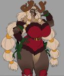 2024 anthro antlers biped boosterpang braided_hair christmas christmas_clothing christmas_topwear cinnamon_(themostsuave) clothed clothing deer female fingerless_gloves gloves hair handwear hi_res holidays horn long_hair looking_at_viewer mammal muscular muscular_anthro muscular_female new_world_deer open_mouth reindeer simple_background solo suit topwear
