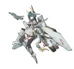  absurdres chengdu_j-10 chengdu_j-10_(personification) dragon_girl dragon_horns dragon_tail frider green_hair highres horns jian_(weapon) mecha_musume missiles original personification tachi-e tail tassel thighhighs vehicle_and_personification war_thunder yellow_eyes 