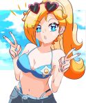  1girl :o absurdres alternate_costume alternate_hairstyle bare_shoulders bikini bikini_under_shorts blonde_hair blue_bikini blue_eyes blue_nails blue_shorts breasts cleavage double_v earrings english_commentary eyewear_on_head heart heart-shaped_eyewear highres hoshinokotta jewelry long_hair looking_at_viewer mario_(series) navel open_mouth ponytail rosalina shorts solo star_(symbol) star_earrings sunglasses swimsuit teeth upper_teeth_only v 