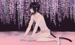 1boy animal_ears aoyagi_ritsuka black_eyes black_hair cat_boy cat_ears cat_tail commentary_request full_body gloves half_gloves halterneck highres light_frown loveless male_focus navel panties purple_panties russian_commentary signature socks solo tail underwear vasiliy-plumber white_gloves white_socks 