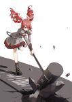  200f_(nifu) :d absurdres ahoge belt black_boots black_sleeve_cuffs blush boots bow commentary concrete damaged drill_hair floating_hair full_body grey_jacket grey_skirt hair_between_eyes hair_bow hammer highres holding holding_hammer jacket kasane_teto kasane_teto_(sv) kneehighs lace-up_boots layered_skirt layered_sleeves leaning_forward leg_up long_sleeves musical_staff musical_staff_print open_mouth red_belt red_hair red_skirt red_trim shadow shoelaces skirt skirt_set sledgehammer smile socks solo standing standing_on_one_leg striped_clothes striped_jacket striped_skirt symbol-only_commentary synthesizer_v twin_drills utau white_background white_bow 