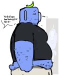 anthro arm_tuft belly belly_tuft big_belly black_clothing black_shirt black_topwear blue_body bodily_fluids bottomwear breasts butt clothed clothing digital_media_(artwork) domestic_pig english_text facial_hair giveme2dolars hi_res leaf male mammal moobs nervous nub_tail overweight overweight_male pants pulling_up_pants shirt simple_background small_shirt snout solo speech_bubble suid suine sus_(pig) sweat sweatpants tail text topwear tuft wumpus