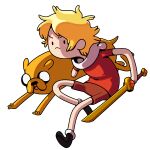 adventure_time ambiguous_gender blonde_hair bottomwear canid canine canis cartoon_network clothing discount-supervillain domestic_dog duo feral finn_the_human footwear hair holding_melee_weapon holding_object holding_sword holding_weapon human jake_the_dog mammal melee_weapon missing_arm running shirt shoes shorts smile sword t-shirt toony topwear weapon