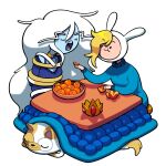 adventure_time alternate_costume blonde_hair blue_body blue_skin bowl bra_strap breasts cake_the_cat cartoon_network choker cleavage clothed clothing container crown discount-supervillain domestic_cat dot_eyes eyebrows feeding felid feline felis female feral fionna_the_human food fruit fur furniture group hair hat headgear headwear hi_res human ice_queen jewelry kotatsu long_eyebrows mammal necklace open_mouth orange_(fruit) pale_skin plant restrained sharp_teeth simple_eyes sleeping smile sweater table tail teeth tongue topwear trio turtleneck white_hair