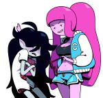 adventure_time alternate_costume alternate_universe bangs black_hair blunt_bangs blush book bottomwear bra breasts cartoon_network cleavage clothed clothing demon discount-supervillain duo eyewear fangs female female/female glasses hair human humanoid humanoid_pointy_ears jacket letterman_jacket mammal marceline_abadeer necktie not_furry pink_hair pointy_ears ponytail princess_bubblegum purple_blush shirt shorts skirt smile sports_bra teeth topwear underwear vampire