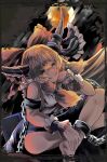  1girl bow brown_horns chain crossed_legs cube cuffs dark_background hair_bow highres horn_ornament horn_ribbon horns ibuki_suika long_hair moon oni orange_hair red_bow ribbon shackles shirt sleeveless sleeveless_shirt smile solo touhou umaieokakitai white_shirt yellow_eyes 
