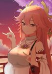  1girl absurdres bare_shoulders blush breasts closed_mouth cloud fox_shadow_puppet genshin_impact hair_between_eyes half-closed_eyes highres japanese_clothes large_breasts long_hair miko pink_hair purple_eyes sky smile solo yae_(genshin_impact) yu_ningning 