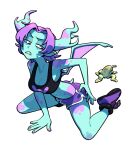 2_horns banana_peel blue_body blue_horn blue_skin bottomwear bra breasts cleavage clothed clothing demon demon_humanoid discount-supervillain female footwear hair hi_res horn horned_humanoid humanoid membrane_(anatomy) membranous_wings purple_hair shoes short_tail shorts sneakers solo sports_bra tail tailed_humanoid underwear winged_humanoid wings
