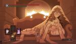  2girls :3 absurdres backlighting blonde_hair blush breasts brown_eyes brown_hair closed_mouth clothes_writing commentary cosplay couch crocs curly_hair dark_souls_(series) dark_souls_i english_commentary english_text futaba_anzu gameplay_mechanics giant giantess hair_ornament heads-up_display health_bar highres holding holding_weapon idolmaster idolmaster_cinderella_girls indoors kurihachi long_hair looking_at_viewer low_twintails lying moroboshi_kirari multiple_girls on_couch on_side parody pixiv_id pixiv_logo queen_of_sunlight_gwynevere queen_of_sunlight_gwynevere_(cosplay) shield shirt short_sleeves standing star-shaped_pupils star_(symbol) star_hair_ornament stuffed_animal stuffed_rabbit stuffed_toy symbol-shaped_pupils twintails twitter_username twitter_x_logo user_interface veil weapon white_shirt you_work_you_lose 