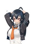  black_hair black_sailor_collar gloves highres holding holding_own_hair kantai_collection klashikari long_hair mouth_hold neckerchief orange_neckerchief ponytail red_eyes ribbon ribbon_in_mouth sailor_collar school_uniform serafuku sidelocks tying_hair very_long_hair white_gloves yahagi_(kancolle) yahagi_kai_ni_(kancolle) 