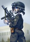  1girl ass bad_anatomy belt blue_eyes brown_belt erica_(naze1940) german_text gun h&amp;k_mp5 handgun helmet highres holding holding_gun holding_weapon holster low_ponytail military original pistol pocket scope short_ponytail sidelocks sleeves_rolled_up solo submachine_gun suppressor translated trigger_discipline watch weapon wristwatch 