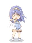  1girl :d attouteki_gacha_un_de_isekai_wo_nariagaru! blue_footwear blue_hair blue_leotard blue_sleeves blush boots breasts character_request chibi circlet commentary_request detached_sleeves fujisaki_yuu full_body leotard long_hair long_sleeves looking_at_viewer medium_breasts open_mouth outstretched_arm pointy_ears puffy_long_sleeves puffy_sleeves shadow smile solo standing thigh_strap white_background yellow_eyes 