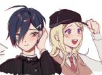  1boy 1girl :d akamatsu_kaede bangs black_headwear black_jacket blonde_hair blush brown_eyes cropped_torso danganronpa_(series) danganronpa_v3:_killing_harmony hair_ornament hand_on_headwear jacket long_hair long_sleeves musical_note_hair_ornament necktie open_mouth pink_necktie pink_vest purple_eyes saihara_shuuichi short_hair simple_background sketch smile striped striped_jacket teeth upper_teeth vest white_background yp_(pypy_5_) 