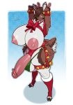 2024 anthro antlers balls big_balls big_breasts big_penis boosterpang breasts brown_hair busty_boy_(lore) christmas christmas_decorations clothing cloven_hooves deer ear_piercing erection genitals gift_wrapped gynomorph hair hands_behind_head hi_res holidays hooves horn huge_balls huge_breasts huge_penis huge_thighs humanoid_genitalia humanoid_penis hyper hyper_breasts hyper_genitalia hyper_penis industrial_piercing intersex jingle_bell_armband legwear looking_at_viewer male_(lore) mammal new_world_deer nipples penis piercing reindeer ribbons solo sommar stockings thick_thighs thong underwear wide_hips