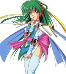  1990s_(style) absurdres back_bow bangs blue_eyes blue_legwear bow braid bridal_gauntlets can_can_bunny feet_out_of_frame green_hair hair_ornament highres long_hair official_art panties retro_artstyle scan simple_background swatty_(can_can_bunny) thighhighs tongue tongue_out underwear white_background white_panties 
