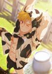  &gt;_o 1boy abs absurdres animal_ears animal_print arms_behind_back arms_up bandaid bandaids_on_nipples blonde_hair boxer_briefs bulge closed_mouth commentary_request cow_ears cow_horns cow_print day fake_animal_ears fake_horns highres hood hood_up hoodie horns male_focus male_lactation male_underwear nipples omedemidori one_eye_closed open_clothes open_hoodie original outdoors pasties red_eyes short_hair solo toned toned_male underwear 