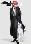  1girl @_@ animal animal_on_shoulder bangs bird black_coat black_footwear black_necktie braid chainsaw_man coat commentary crow dog formal full_body happa_mochii highres husky makima_(chainsaw_man) necktie open_mouth rat red_hair shirt simple_background solo speech_bubble standing white_shirt 
