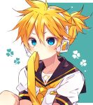  1boy bass_clef black_collar blonde_hair blue_eyes collar commentary headphones highres kagamine_len kaho_0102 knee_up leaf looking_at_viewer male_focus mouth_hold necktie necktie_in_mouth sailor_collar school_uniform shirt sitting spiked_hair two-tone_background upper_body v-shaped_eyebrows vocaloid white_shirt yellow_necktie 