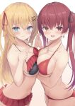  2girls absurdres akai_haato arm_support bikini bikini_skirt blonde_hair blue_eyes blush breast_press breasts cleavage earrings eyebrows_visible_through_hair frilled_bikini frills hair_ornament hair_ribbon heart heart_earrings heart_necklace heterochromia highres holding_hands hololive houshou_marine jewelry long_hair multiple_girls nekohuman221_(tsun221) open_mouth red_eyes red_hair ribbon smile swimsuit symmetrical_docking virtual_youtuber x_hair_ornament yellow_eyes yuri 