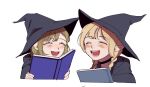  2girls :d black_choker black_headwear black_robe blonde_hair book braid choker closed_eyes dungeon_meshi elf facing_viewer falin_thorden hat holding holding_book low_braid marcille medium_hair multiple_girls open_mouth pointy_ears simple_background smile twin_braids white_background witch witch_hat younger yp_(pypy_5_) 