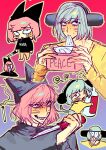  2boys absurdres alcohol animal_ears animal_hat blue_hair cat_hat chaixuxu0705 facial_mark fake_animal_ears fake_tail fingernails gradient_background hat highres holding holding_knife knife looking_at_viewer male_focus mouth_hold multiple_boys multiple_views nyen_(randal&#039;s_friends) nyon_(randal&#039;s_friends) pink_hair purple_background randal&#039;s_friends red_background sharp_fingernails sharp_teeth shirt short_hair simple_background tail teeth tissue tissue_box turtleneck whisker_markings yellow_shirt 