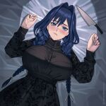  1girl :/ absurdres bed_sheet black_dress blue_eyes blue_hair blush braid breasts buttons commentary dress embroidery hair_intakes hair_ribbon high_collar highres hololive hololive_english kitchen_knife knife large_breasts lips long_hair long_sleeves looking_at_viewer low_twin_braids lying official_alternate_costume official_alternate_hairstyle on_back ouro_kronii ouro_kronii_(maid) ribbon seventeencrows solo twin_braids twitter_username virtual_youtuber 