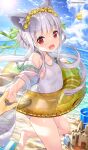  1boy 1girl :d animal animal_ear_fluff animal_ears bangs bare_shoulders barefoot beach blue_sky bug butterfly character_request cloud commentary_request day eyebrows_visible_through_hair flower fujima_takuya green_ribbon grey_hair hair_bun hair_flower hair_ornament hair_ribbon highres horizon innertube isekai_ni_tobasaretara_papa_ni_nattandaga jacket long_hair looking_at_viewer looking_to_the_side ocean off_shoulder one-piece_swimsuit open_clothes open_jacket open_mouth outdoors red_eyes ribbon sand_castle sand_sculpture school_swimsuit see-through sky smile soles solo_focus standing standing_on_one_leg sun swimsuit transparent trowel twitter_username very_long_hair water white_swimsuit yellow_flower 