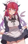  1girl alternate_costume apron black_dress black_ribbon blue_eyes blush breasts commentary cowboy_shot demon_horns detached_wings dress enmaided hair_ribbon halo heterochromia highres hololive hololive_english horns irys_(hololive) long_hair looking_at_viewer maid maid_headdress medium_breasts open_mouth orobou pink_eyes pink_hair pointy_ears ribbon simple_background skirt_hold smile solo sweatdrop very_long_hair virtual_youtuber white_apron white_background wings 