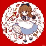  1girl alice_(alice_in_wonderland) alice_(alice_in_wonderland)_(cosplay) alice_in_wonderland apron bangs biscuit_(bread) black_eyes black_footwear black_ribbon blue_dress blush braid brown_hair bunny candy card coffee coffee_cup coffee_mug cosplay cup disposable_cup dress food full_body hair_ribbon heart key lollipop long_hair looking_to_the_side mogeko_(okegom) mug mushroom oounabara_to_wadanohara open_mouth red_background ribbon shoes short_sleeves simple_background skirt sugar_cube teapot twin_braids wadanohara white_apron white_background white_skirt 
