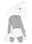 2025 4_ears 4_horns anthro bedroom_eyes biped bottomless bottomless_anthro bottomless_female butt charr claws clothed clothing digital_media_(artwork) fangs felid female female_anthro finger_claws genitals greyscale guild_wars halbean half-closed_eyes hi_res horn jacket leather leather_clothing leather_jacket leather_topwear legwear looking_at_viewer looking_back looking_back_at_viewer mammal monochrome multi_ear multi_horn narrowed_eyes portrait pubes pupils pussy seductive simple_background slit_pupils solo teeth thigh_highs three-quarter_portrait topwear white_background