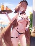  1girl azur_lane beach_umbrella bikini blurry blurry_background bow bowtie breasts brown_hair closed_mouth cup day detached_collar drinking_glass food fruit hair_ribbon hand_on_hip highres holding holding_tray large_breasts long_hair maid_headdress manjuu_(azur_lane) mole mole_under_mouth navel official_alternate_costume orange_(fruit) orange_slice outdoors pitcher red_eyes ribbon sansan_(dongfangzhong111) skindentation smile solo sunlight swiftsure_(azur_lane) swiftsure_(midsummer_special_service)_(azur_lane) swimsuit thigh_strap tray umbrella very_long_hair wrist_cuffs 
