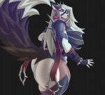 anthro arm_outstretched armor big_breasts big_butt black_nose black_tail bracelet breasts butt canid canid_demon canine claws clothed clothing countershade_butt countershade_torso countershading cutout demon digital_media_(artwork) dipstick_tail ears_up female fingerless_gloves fluffy fluffy_tail gauntlets glancing_back gloves grey_eyes hair handwear hellhound helluva_boss hi_res hiverdose inner_ear_fluff jewelry legwear long_hair loona_(helluva_boss) malice_loona_(mangakitsune2) mammal markings marvel marvel_rivals mask muscular muscular_female mythological_canine mythological_creature mythology no_underwear presenting presenting_hindquarters red_sclera scarf shoulder_pads simple_background smile smiling_at_viewer solo spiked_bracelet spikes tail tail_markings thick_thighs thigh_highs tuft unconvincing_armor white_hair white_tail_tip xplaysx